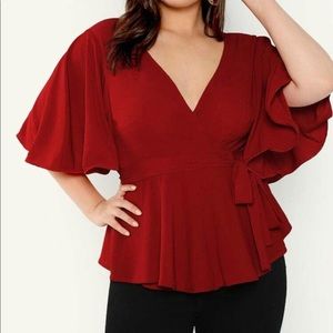 New! Red wrap blouse. Adjustable waste tie.